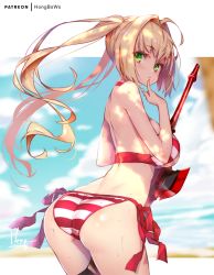 Rule 34 | aestus estus, ahoge, ass, bikini, blonde hair, blurry, breasts, cowboy shot, day, depth of field, fate/grand order, fate (series), finger to mouth, from behind, hair intakes, halterneck, hong (white spider), large breasts, leaning forward, long hair, looking at viewer, looking back, nero claudius (fate), nero claudius (fate) (all), nero claudius (swimsuit caster) (fate), outdoors, outside border, side-tie bikini bottom, sideboob, solo, striped bikini, striped clothes, swimsuit, twintails, underboob, wet