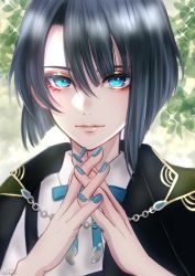 Rule 34 | 1boy, absurdres, blue bow, blue bowtie, blue eyes, bow, bowtie, closed mouth, collared shirt, grey hair, highres, looking at viewer, male focus, matsui gou, own hands together, shirt, short hair, solo, touken ranbu, white background, white shirt, zasikirou