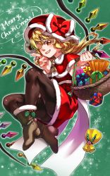 Rule 34 | 1girl, alternate costume, ascot, basket, black pantyhose, blonde hair, boots, bow, box, brown footwear, candy, capelet, christmas, dress, fingernails, flandre scarlet, food, gift, gift box, green background, hat, hat bow, highres, holding, long fingernails, long hair, merry christmas, multicolored eyes, nail polish, one eye closed, pantyhose, red bow, red dress, red eyes, red hat, red nails, santa costume, sharp fingernails, shirane koitsu, smile, solo, touhou, wings, yellow ascot, yellow eyes