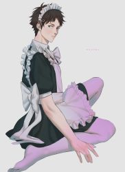 Rule 34 | 1boy, akaashi keiji, alternate costume, apron, artist name, black dress, black hair, blue eyes, bow, commentary, crossdressing, detached collar, dress, english commentary, enmaided, feet, frilled dress, frills, from side, haikyuu!!, highres, knee up, looking back, maid, maid apron, maid headdress, male focus, marrbl, no shoes, puffy short sleeves, puffy sleeves, seiza, short hair, short sleeves, sitting, solo, white apron, white bow, white legwear
