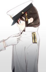 Rule 34 | 10s, 1girl, borrowed clothes, braid, brown hair, commentary, gloves, hair ornament, hair over shoulder, hat, kantai collection, military, military uniform, naoto (tulip), oversized clothes, peaked cap, remodel (kantai collection), shigure (kancolle), simple background, single braid, solo focus, uniform, white background, white gloves
