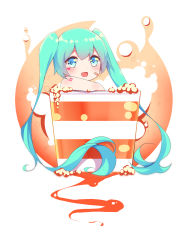 Rule 34 | 1girl, :d, arm rest, barcode, barcode tattoo, blue eyes, blush, bubble, commentary request, cup, drink, drinking glass, facial mark, food, green hair, hair between eyes, hatsune miku, heart, highres, in food, long hair, looking at viewer, looking to the side, meng ge 3 (565571710), open mouth, smile, solo, tattoo, twintails, very long hair, vocaloid
