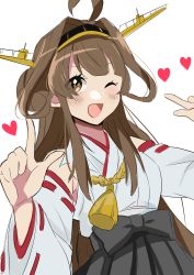Rule 34 | 1girl, absurdres, ahoge, brown eyes, brown hair, commentary request, detached sleeves, double bun, hairband, headgear, highres, index finger raised, japanese clothes, kantai collection, kongou (kancolle), long hair, one eye closed, ribbon-trimmed sleeves, ribbon trim, smile, solo, toriniku senshi chikinman