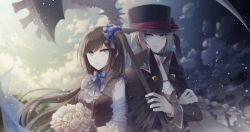 Rule 34 | 1boy, 1girl, angel31424, back-to-back, blue eyes, bouquet, braid, brown hair, cape, cloud, crossed arms, flower, gloves, grey hair, hair ribbon, hat, highres, light smile, long hair, looking at another, neck ribbon, neckerchief, original, ribbon, scythe, side ponytail, sky, slit pupils, top hat, weapon, white hair, yellow eyes