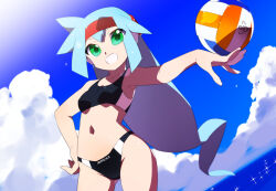 Rule 34 | 1girl, alternate costume, alternate hairstyle, ashe (mega man), ball, bikini, black bikini, blue hair, breasts, cloud, commentary request, commission, green eyes, holding, holding ball, kaidou zx, long hair, mega man (series), mega man zx, mega man zx advent, navel, ocean, open clothes, open fly, pixiv commission, short hair, sky, small breasts, sports bikini, swimsuit, swimsuit under clothes, variant set, volleyball (object), water