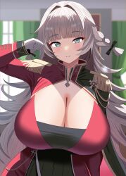 Rule 34 | 1girl, absurdres, aya-cis, azur lane, bow, braid, breasts, cleavage, collared shirt, commission, dress, epaulettes, gloves, green eyes, hair bow, hair intakes, hand up, highres, huge breasts, jewelry, long hair, long sleeves, looking at viewer, pendant, pixiv commission, sardegna empire (emblem), shirt, side braids, solo, vittorio veneto (azur lane), white gloves, white hair