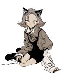 Rule 34 | 1girl, :3, animal ears, arm support, black footwear, black overalls, boots, cat ears, cat girl, closed mouth, collared shirt, cross-laced footwear, earrings, extra ears, eyelashes, flipped hair, full body, green eyes, grey hair, grey shirt, hair over one eye, highres, jewelry, knee boots, lace-up boots, layered clothes, layered sleeves, mole, mole under eye, multiple earrings, muryo, original, overalls, shirt, short hair, simple background, sitting, sleeves past wrists, sleeves rolled up, smile, solo, whiskers, white shirt, yokozuwari
