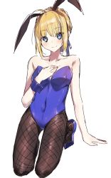 Rule 34 | 1girl, ahoge, animal ears, arm support, artoria pendragon (all), artoria pendragon (fate), blonde hair, blue-ringed octopus, blue eyes, blue footwear, blue leotard, blush, braid, breasts, collarbone, covered navel, fate/stay night, fate (series), fishnet legwear, fishnets, french braid, hand on own chest, high heels, highres, kneeling, leotard, looking at viewer, playboy bunny, rabbit ears, saber (fate), shigure (shigure 43), sketch, small breasts, smile, solo, thighs, white background, wrist cuffs