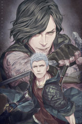 Rule 34 | 2boys, arm tattoo, bare arms, bare shoulders, black gloves, black hair, black jacket, blue jacket, brown shirt, cane, copyright name, devil may cry (series), devil may cry 5, gloves, grey hair, highres, holding, holding cane, holding weapon, jacket, male focus, mechanical arms, multiple boys, nero (devil may cry), prosthesis, prosthetic arm, shirt, single mechanical arm, sleeveless, sleeveless jacket, talgi, tattoo, v (devil may cry), weapon