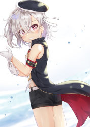 Rule 34 | 1girl, adjusting clothes, adjusting gloves, armband, azur lane, beret, black hat, black shorts, commentary request, eyes visible through hair, from side, glove pull, gloves, grin, hair between eyes, hat, highres, long hair, looking at viewer, niiya, red eyes, shorts, side ponytail, silver hair, smile, solo, white gloves, z1 leberecht maass (azur lane)