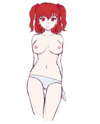 Rule 34 | 1girl, absurdres, arms behind back, breasts, closed mouth, collarbone, crossed bangs, gluteal fold, grey panties, hair between eyes, hair bobbles, hair ornament, highres, medium breasts, navel, nipples, onozuka komachi, panties, red eyes, red hair, short hair, simple background, smile, solo, standing, straight-on, thigh gap, topless, touhou, two side up, underwear, white background, zawabug