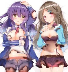 Rule 34 | 2girls, :d, :o, arm up, azur lane, bed sheet, black skirt, blue jacket, blush, braid, breasts, brown eyes, brown hair, brown legwear, cleavage, commentary request, fuuna, grey shorts, hair between eyes, hair ornament, hairclip, highres, jacket, kimberly (azur lane), pantyhose under shorts, long sleeves, looking at viewer, lying, medium breasts, mullany (azur lane), multiple girls, navel, on back, open clothes, open jacket, open mouth, pantyhose, parted bangs, parted lips, purple hair, red eyes, shirt, short shorts, shorts, skirt, smile, torn clothes, torn jacket, torn shirt, torn shorts, torn skirt, white shirt