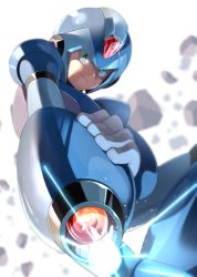 Rule 34 | 1boy, android, blurry, blurry background, charging device, closed mouth, commentary request, debris, glowing, green eyes, helmet, highres, holding, light particles, looking at viewer, male focus, mega man (series), x (mega man), mega man x (series), parco 1315, serious, shaded face, shadow, solo, sparkle, wavy mouth, white background