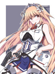 Rule 34 | 1girl, 547th sy, black shirt, blonde hair, blue skirt, breast pocket, breasts, brooklyn (kancolle), commentary request, cowboy shot, garter straps, gun, headgear, highres, holding, holding gun, holding weapon, jacket, kantai collection, large breasts, long hair, looking at viewer, military, military uniform, mouth hold, neckerchief, overskirt, pocket, red eyes, shirt, skirt, sleeveless, sleeveless jacket, solo, stick, thighhighs, undershirt, uniform, weapon, weapon request, white jacket