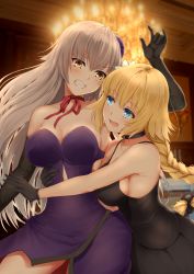 Rule 34 | 2girls, :d, black bow, black dress, black gloves, blonde hair, blue eyes, blurry, blurry background, bow, braid, braided ponytail, breasts, choker, cleavage, clenched teeth, collarbone, dress, elbow gloves, evening gown, fate/grand order, fate (series), floating hair, gloves, hair bow, hair ornament, highres, indoors, jeanne d&#039;arc (fate), jeanne d&#039;arc (ruler) (fate), jeanne d&#039;arc alter (avenger) (fate), jeanne d&#039;arc alter (avenger) (third ascension) (fate), jeanne d&#039;arc alter (fate), large breasts, long hair, multiple girls, official alternate costume, open mouth, ponytail, primamiya, purple dress, red ribbon, ribbon, ribbon choker, short dress, sideboob, silver hair, sleeveless, sleeveless dress, smile, standing, strapless, strapless dress, teeth, very long hair, yellow eyes