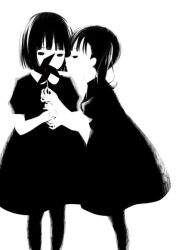 Rule 34 | 2girls, blowing, blunt bangs, blunt ends, bob cut, collared dress, covered mouth, dress, expressionless, feet out of frame, greyscale, half-closed eyes, highres, holding, holding pinwheel, leaning forward, long hair, looking at viewer, looking to the side, monochrome, multiple girls, no lineart, no pupils, original, pinwheel, profile, puffy short sleeves, puffy sleeves, short hair, short sleeves, simple background, standing, straight-on, taira (tiririrt), twintails, two-handed
