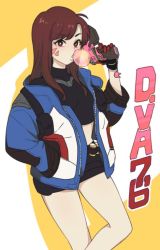 Rule 34 | 1girl, bad id, bad twitter id, belt pouch, black shorts, brown eyes, brown hair, blowing bubbles, character name, charm (object), chewing gum, cosplay, cowboy shot, crop top, croquis2, d.va (overwatch), explosive, eyebrows, facepaint, facial mark, gloves, grenade, gun, hand in pocket, hand up, handgun, harness, holding, holding gun, holding weapon, holster, jacket, long hair, looking at viewer, open clothes, open jacket, overwatch, overwatch 1, pouch, red gloves, short shorts, shorts, soldier: 76 (overwatch), soldier: 76 (overwatch) (cosplay), solo, weapon, whisker markings