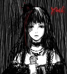 Rule 34 | 1girl, artist request, black dress, black hair, character name, choker, dress, female focus, hair ornament, j-rock, long hair, looking at viewer, lowres, microphone, monochrome, multicolored hair, musician, sketch, solo, spot color, two-tone hair, yousei teikoku, yui (yousei teikoku)