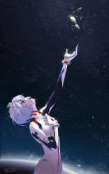 Rule 34 | 1girl, absurdres, arm up, artist name, ayanami rei, black background, blue hair, bodysuit, broken, commentary, crack, cracked glass, floating, floating object, from side, glasses, hair strand, hand on own chest, highres, interface headset, looking up, messy hair, neon genesis evangelion, pilot suit, plugsuit, reaching, reaching towards viewer, red eyes, shooting star, short hair, signature, sky, solo, space, star (sky), star (symbol), starry background, starry sky, teneko, upper body, white bodysuit