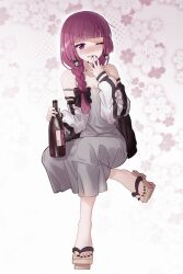 Rule 34 | 1girl, alcohol, bare shoulders, bestramos, black nails, blush, bocchi the rock!, bottle, braid, crossed legs, dress, floral background, full body, geta, green dress, grin, hair over shoulder, halftone, halftone background, hand to own mouth, hashtag-only commentary, highres, hiroi kikuri, holding, holding bottle, jacket, multicolored clothes, multicolored jacket, nail polish, off shoulder, one eye closed, open clothes, open jacket, purple eyes, purple hair, sake bottle, sharp teeth, single braid, sitting, smile, solo, teeth, toenail polish, toenails, toes, two-tone jacket, white background