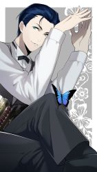 Rule 34 | 1boy, 92 (artist), black footwear, black socks, black vest, blue eyes, blue hair, bow, bowtie, bug, butterfly, collared shirt, crossed legs, fate/grand order, fate (series), grey background, hair slicked back, insect, long sleeves, looking at viewer, male focus, own hands together, parted lips, sherlock holmes (fate), shirt, shoes, smile, socks, solo, vest