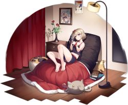 Rule 34 | 1girl, animal, azur lane, barefoot, bed, bedroom, black shirt, black shorts, blue eyes, blush, breasts, camisole, cleavage, cup, drawer, flower, hair ornament, hair scrunchie, highres, holding, indoors, kaede (yumesaki kaede), motor vehicle, official alternate costume, official art, reclining, red curtains, red scrunchie, rose, scrunchie, shirt, short hair, shorts, steam, thighs, transparent background, vase, wrist scrunchie, z23 (azur lane), z23 (keeper of the comf-fort) (azur lane)