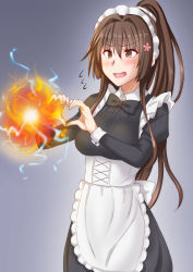 Rule 34 | 1girl, alternate costume, anti (untea9), apron, black dress, brown hair, cherry blossoms, commentary request, commission, cowboy shot, dress, enmaided, fireball, flower, frilled apron, frills, gradient background, grey background, hair flower, hair ornament, heart, heart hands, highres, kantai collection, long hair, maid, maid headdress, moe moe kyun!, ponytail, solo, white apron, yamato (kancolle)