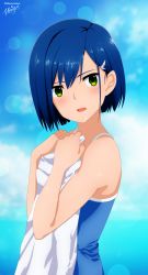 Rule 34 | 1girl, absurdres, artist name, bare shoulders, benjoerres, blue hair, blue one-piece swimsuit, blush, commentary, darling in the franxx, from side, green eyes, hair between eyes, hair ornament, hairclip, highres, holding, holding towel, huge filesize, ichigo (darling in the franxx), looking at viewer, one-piece swimsuit, short hair, solo, swimsuit, towel, upper body, white towel