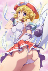 Rule 34 | 10s, 1girl, angel, angel wings, armor, ass, back, backless panties, bare legs, blonde hair, breastplate, breasts, butt crack, drill hair, female focus, hat, huge ass, laila (queen&#039;s blade), large breasts, long hair, looking at viewer, looking back, miniskirt, official art, panties, queen&#039;s blade, queen&#039;s blade rebellion, revealing clothes, skirt, solo, standing, thong, underwear, wide hips, wings