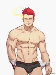 Rule 34 | 1boy, abs, absurdres, ajproton, bad id, bad twitter id, bara, blue eyes, briefs, bulge, cropped legs, heterochromia, highres, large pectorals, looking at viewer, male focus, male underwear, muscular, nipples, pectorals, pollux (housamo), red hair, short hair, sketch, smile, solo, thick thighs, thighs, tokyo houkago summoners, underwear, underwear only, undressing, white background