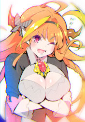 Rule 34 | 1girl, ;d, ahoge, bad id, bad pixiv id, black hairband, blonde hair, bow, braid, breasts, cleavage, cleavage cutout, clothing cutout, crossed arms, diagonal-striped bow, dragon girl, dragon horns, fangs, grey bow, hair bow, hairband, highres, hino tomoyuki, hololive, horns, kiryu coco, kiryu coco (1st costume), large breasts, long hair, looking at viewer, multicolored hair, one eye closed, open mouth, orange hair, red eyes, single braid, smile, solo, streaked hair, striped, striped bow, teeth, virtual youtuber