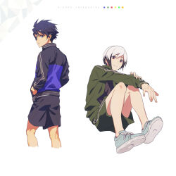 Rule 34 | 2boys, ahoge, black hair, black shorts, blue eyes, blue hair, green jacket, green shorts, hair between eyes, hands in pockets, idolmaster, idolmaster side-m, jacket, kitamura sora, legs, long sleeves, looking at viewer, male focus, map (map imas), multicolored hair, multiple boys, open clothes, open jacket, shoes, shorts, smile, sneakers, taiga takeru, white background, white hair