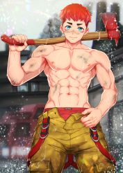 Rule 34 | 1boy, abs, axe, briefs, closed mouth, dirty, dirty face, firefighter, highres, looking at viewer, male focus, male underwear, male underwear peek, muscular, muscular male, original, pants, rain, red hair, red male underwear, smile, solo, suiton, suspenders, underwear, water drop, yaoi