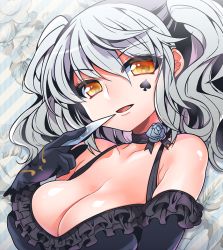 Rule 34 | 1girl, bare shoulders, bemani, black choker, black gloves, blue flower, breasts, choker, cinema=storia, cleavage, collarbone, eyes visible through hair, facial mark, flower, flower choker, gloves, hair between eyes, hand up, large breasts, looking at viewer, medium hair, open mouth, orange eyes, sate hatena, silver hair, smile, solo, sound voltex, spade (shape), twintails, upper body