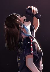 Rule 34 | 1girl, absurdres, blue hair, brown hair, closed eyes, commentary, commentary request, dark background, from side, highres, holding, holding microphone, kusunoki tomori, love live!, love live! nijigasaki high school idol club, microphone, multicolored hair, myonmukyuu, partial commentary, real life, shirt, short hair, solo, sweat, t-shirt, two-tone hair, upper body, voice actor