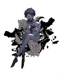 Rule 34 | 1boy, aesop carl, aesop carl (rorschach physician), blue hair, crossed arms, crossed legs, flower, full body, gloves, grey eyes, identity v, ink, invisible chair, male focus, mask, medium hair, mouth mask, nt 26, official alternate costume, ponytail, sideways glance, simple background, sitting, solo, striped, vertical stripes, white background, white gloves