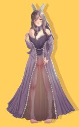 Rule 34 | 1girl, breasts, brown eyes, brown hair, cleft of venus, commission, commissioner upload, dress, fire emblem, fire emblem awakening, frilled dress, frills, hair ornament, hand on thigh, highres, long hair, looking at viewer, medium breasts, nintendo, pomelomelon, pussy, see-through, see-through dress, smile, solo, sumia (fire emblem), teasing, very long hair, yellow background
