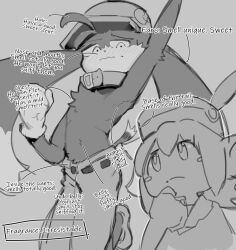 Rule 34 | 1boy, 1girl, artist request, blush, collar, english text, fluff, fluffy, furry, furry female, furry male, gloves, hat, highres, humor, kaze no klonoa, klonoa, label, lolo (klonoa), made in abyss, monkey, monkey girl, namco, pants, parody, shoes, thinking