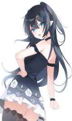 Rule 34 | 1girl, absurdres, b00d (hyyx2385), black hair, black shirt, black thighhighs, blue eyes, character request, cowboy shot, elsword, fang, floating hair, from side, hair between eyes, hand on own hip, highres, long hair, looking at viewer, miniskirt, off-shoulder shirt, off shoulder, open mouth, pleated skirt, pointy ears, shiny skin, shirt, simple background, skirt, solo, standing, thighhighs, very long hair, white background, white skirt, zettai ryouiki