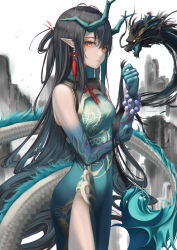 Rule 34 | 1girl, absurdres, arknights, bead bracelet, beads, black hair, blue dress, blue hair, blue skin, bracelet, china dress, chinese clothes, closed mouth, clothing cutout, colored extremities, colored skin, covered navel, dragon, dragon girl, dragon horns, dragon tail, dress, dusk (arknights), dusk (everything is a miracle) (arknights), earrings, gradient hair, gradient skin, groin, hair rings, highres, horns, jewelry, long hair, looking at viewer, multicolored hair, official alternate costume, orange eyes, pelvic curtain, pointy ears, sleeveless, sleeveless dress, solo, tail, tail through clothes, tassel, tassel earrings, very long hair, yahiro