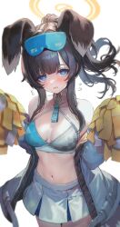 Rule 34 | 1girl, animal ears, black hair, blue archive, blue eyes, blush, breasts, bright pupils, cheerleader, choker, cleavage, crop top, detached collar, dog ears, dog girl, dog tail, extra ears, eyewear on head, flying sweatdrops, frown, halo, halter shirt, halterneck, hanato (seonoaiko), hibiki (blue archive), hibiki (cheer squad) (blue archive), highres, holding, holding pom poms, long hair, looking at viewer, medium breasts, midriff, navel, o-ring, o-ring choker, official alternate costume, pleated skirt, pom pom (cheerleading), pom poms, ponytail, sidelocks, simple background, skirt, solo, star (symbol), sticker on face, stomach, sweat, tail, white background, white pupils, white skirt, yellow halo