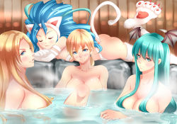 Rule 34 | 4girls, :3, animal hands, ass, bathing, blonde hair, blue eyes, blue hair, blush, breasts, capcom, cleavage, crossover, devil may cry (series), felicia (vampire), green eyes, green hair, head wings, jill valentine, large breasts, long hair, looking at viewer, marvel vs. capcom, marvel vs. capcom 3, morrigan aensland, multiple girls, nagare, onsen, partially submerged, resident evil, sideboob, smile, steam, trish (devil may cry), vampire (game), wings