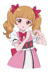 Rule 34 | 1girl, :o, aisaki emiru, back bow, blunt bangs, bow, bowtie, brown hair, cropped torso, dress, frilled sleeves, frills, gya-tei, hair bow, heart, heart hands, high collar, highres, hugtto! precure, looking at viewer, medium hair, pink dress, precure, puffy short sleeves, puffy sleeves, red bow, red bowtie, red eyes, short sleeves, simple background, solo, twintails, white background