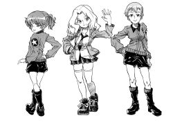 Rule 34 | 10s, 3girls, alisa (girls und panzer), blazer, blouse, boots, collared shirt, commentary, contrapposto, cross-laced footwear, emblem, freckles, from behind, girls und panzer, greyscale, grin, hair intakes, hair ornament, hand on own hip, head tilt, jacket, kay (girls und panzer), long hair, long sleeves, looking at viewer, looking back, military, military uniform, miniskirt, mituki (mitukiiro), monochrome, multiple girls, naomi (girls und panzer), necktie, open clothes, open jacket, pleated skirt, saunders military uniform, saunders school uniform, school uniform, shirt, shoes, short hair, short shorts, short twintails, shorts, skirt, sleeves rolled up, smile, sneakers, star (symbol), star hair ornament, thighhighs, twintails, uniform, very short hair, waving, zettai ryouiki