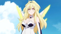 Rule 34 | 10s, 1girl, animated, animated gif, blonde hair, breasts, cleavage, fang, large breasts, leotard, long hair, mecha musume, neptune (series), pish, solo, symbol-shaped pupils, yellow eyes, yellow heart (neptune)