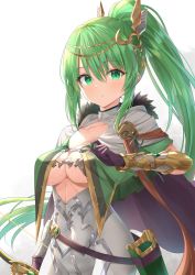 Rule 34 | artemis (p&amp;d), bow (weapon), breasts, green eyes, green hair, highres, holding, holding bow (weapon), holding weapon, kanaria hisagi, large breasts, long hair, ponytail, puzzle &amp; dragons, solo, very long hair, weapon, white background