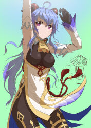 Rule 34 | 1girl, ahoge, arm up, armpits, bare shoulders, black gloves, blue background, blue hair, bodystocking, breasts, commentary request, cowboy shot, detached sleeves, ganyu (genshin impact), genshin impact, gloves, gradient background, green background, hi-ro (rimlnet), high-waist skirt, horns, long hair, long sleeves, looking at viewer, medium breasts, purple eyes, skirt, solo, standing, very long hair, white skirt