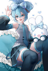 Rule 34 | 1girl, :3, :d, \||/, absurdres, aqua eyes, aqua hair, aqua necktie, arm up, artist name, bare shoulders, black footwear, black skirt, black sleeves, blue bow, blush stickers, boots, bow, chinese commentary, cinnamiku, cinnamoroll, collared shirt, commentary, creature on lap, detached sleeves, eyebrows hidden by hair, fang, feet out of frame, frills, grey shirt, hair between eyes, hair bow, hatsune miku, heart, highres, looking at viewer, necktie, open mouth, pleated skirt, sanrio, shirt, sidelocks, signature, sitting, skirt, sleeveless, sleeveless shirt, smile, solid oval eyes, solo, thick thighs, thigh boots, thighs, tied ears, tongue, updo, vocaloid, youmen