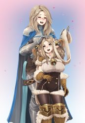 Rule 34 | 10s, 2girls, :3, :d, = =, armor, barbariank, bell, blush, breasts, brown hair, cape, commentary, daetta (granblue fantasy), draph, closed eyes, fur-trimmed gloves, fur trim, gauntlets, gloves, granblue fantasy, greaves, hair bell, hair ornament, heart, height difference, highres, horns, katalina (granblue fantasy), large breasts, long hair, multiple girls, open mouth, pauldrons, headpat, pointy ears, revision, shoulder armor, smile, underbust