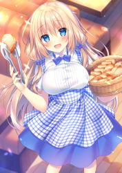 Rule 34 | 1girl, :d, apron, basket, blue bow, blue bowtie, blue eyes, blue flower, blue skirt, blush, booth seating, bow, bowtie, bread, breasts, clamps, collared shirt, commentary request, couch, dress shirt, flower, food, gingham apron, hair between eyes, hair flower, hair ornament, holding, holding basket, indoors, kobeya, kobeya uniform, large breasts, light brown hair, long hair, open mouth, original, shirt, skirt, smile, solo, sorai shin&#039;ya, standing, table, traene (sorai shin&#039;ya), very long hair, white shirt, wooden floor